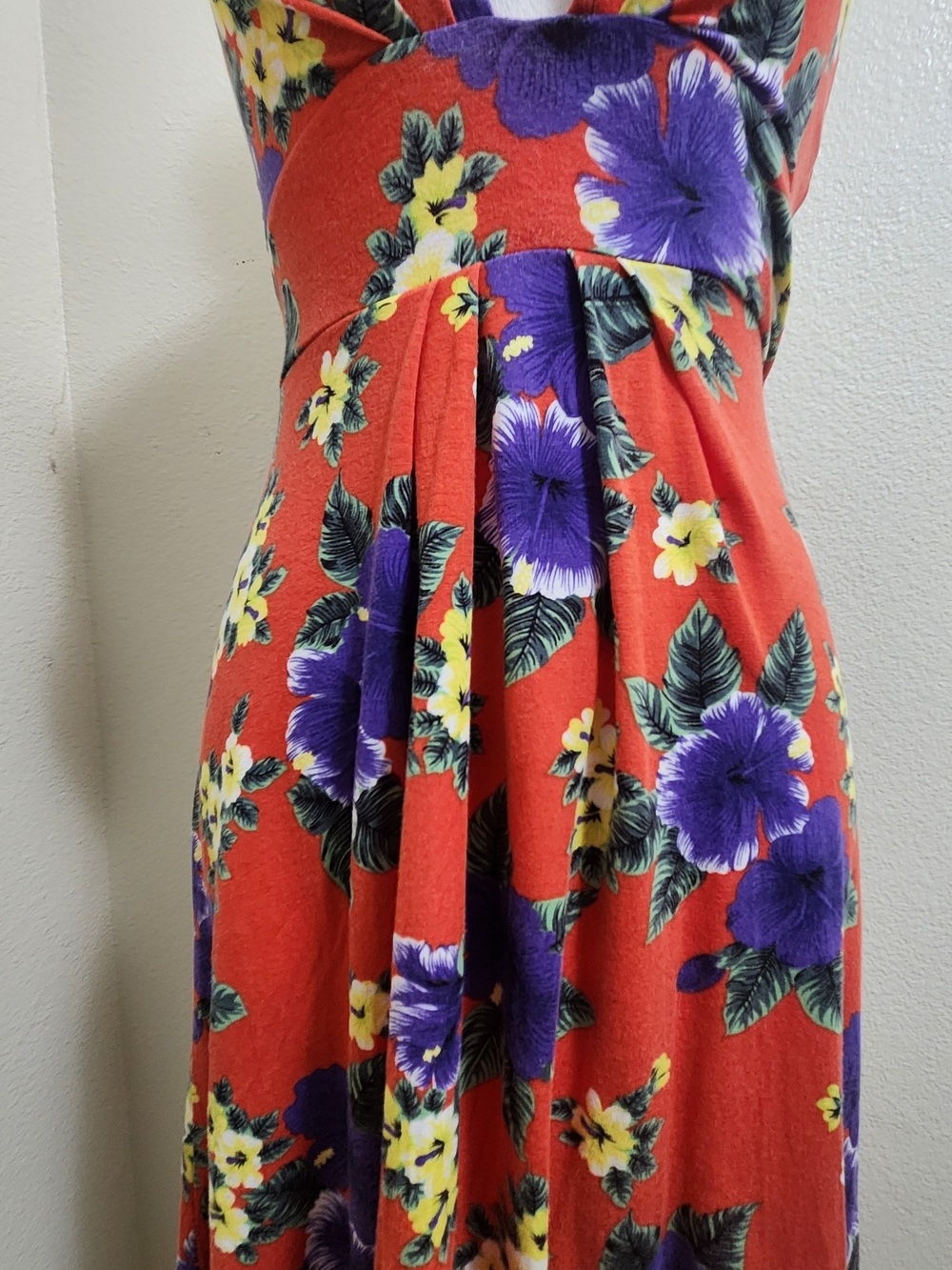 💐VTG Free People Red Tropical Floral Halter Hawaiian Dress Size S Boho Beach - Picture 4 of 16